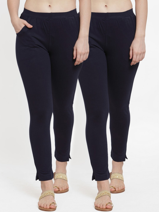 Women Pack Of 2 Navy Blue Solid Straight-Fit Ankle-Length Leggings