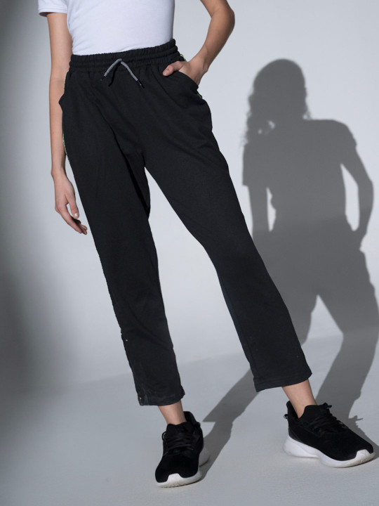 Hubberholme Women Black Slim Fit Solid Side Taping Track Pants