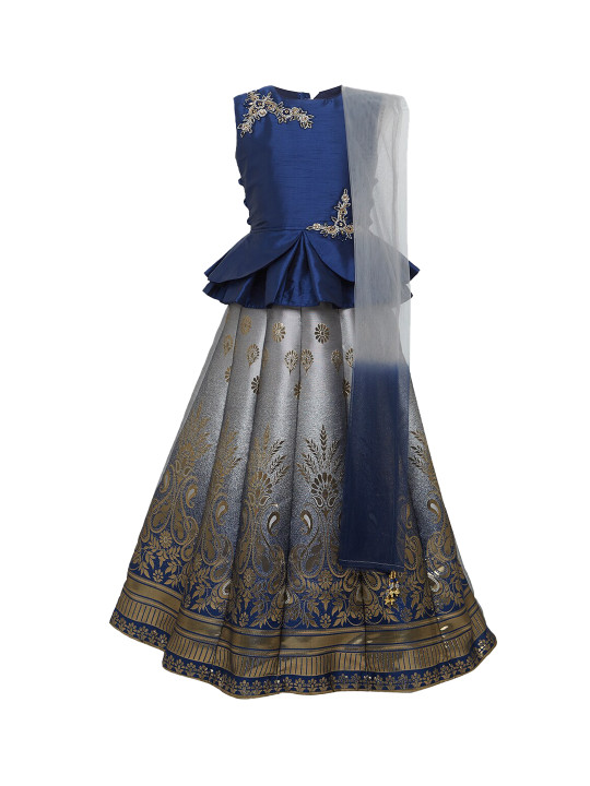 Girls Blue & Grey Embellished Ready to Wear Lehenga & Blouse with Dupatta
