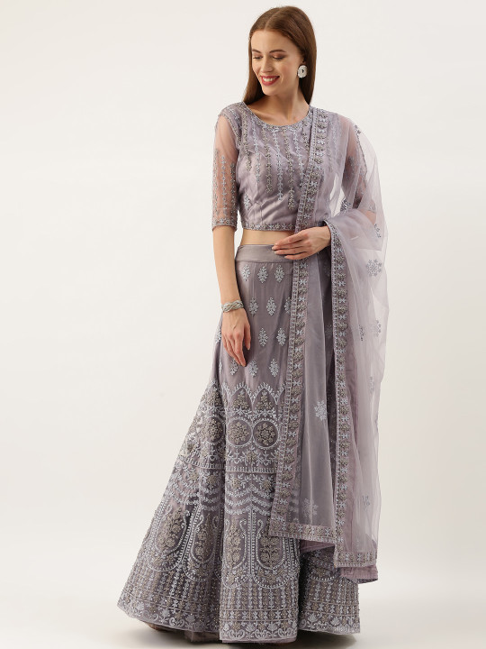 Grey Embroidered Semi-Stitched Lehenga & Blouse with Dupatta