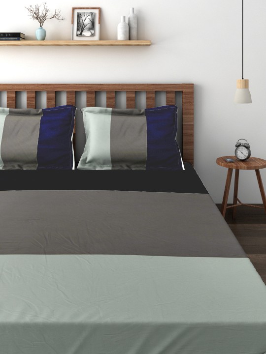 Grey & Navy 180 TC Cotton Double Bedsheet with 2 Pillow Covers