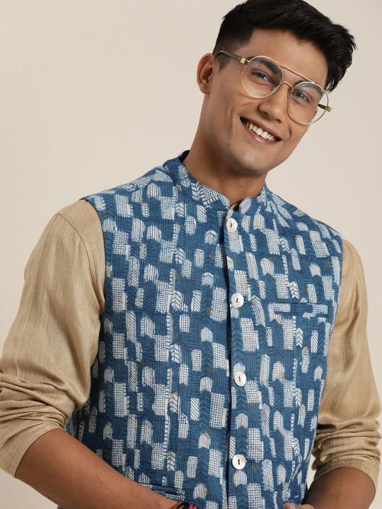 Men Blue &amp; White Indigo Hand Block Printed Festive Nehru Jacket With Mandarin Collar