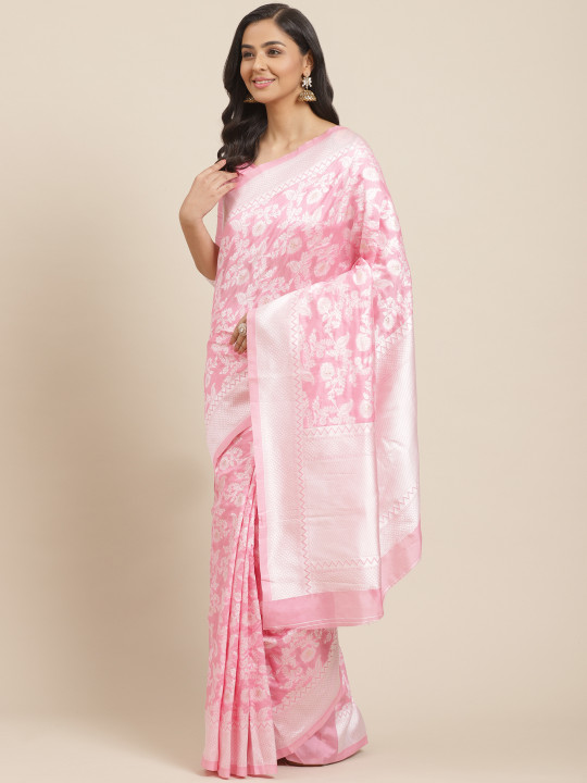 Pink & Off-White Woven Design Kanjeevaram Saree