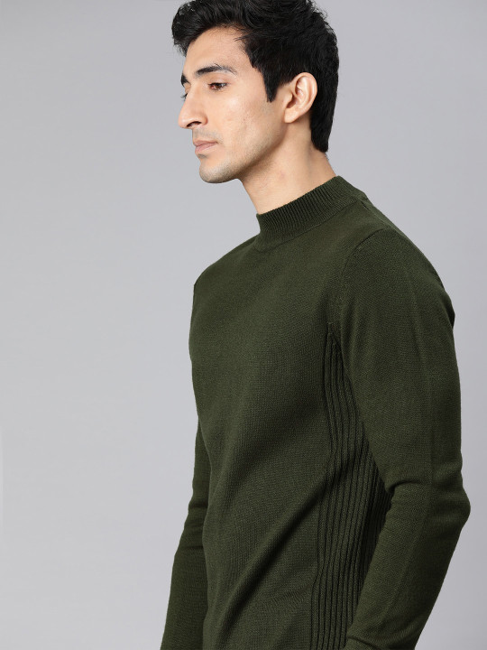 WROGN Men Olive Green Slim Fit Solid Pullover Sweater
