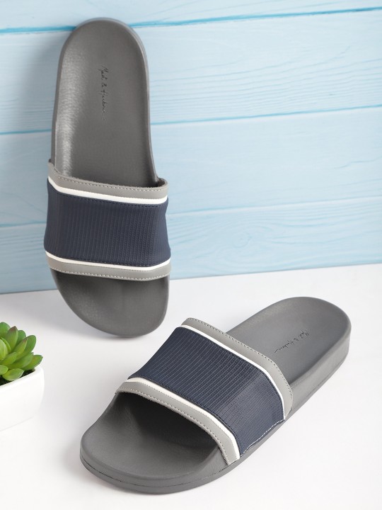 Mast & Harbour Men Navy Blue & Grey Pinstriped Sliders