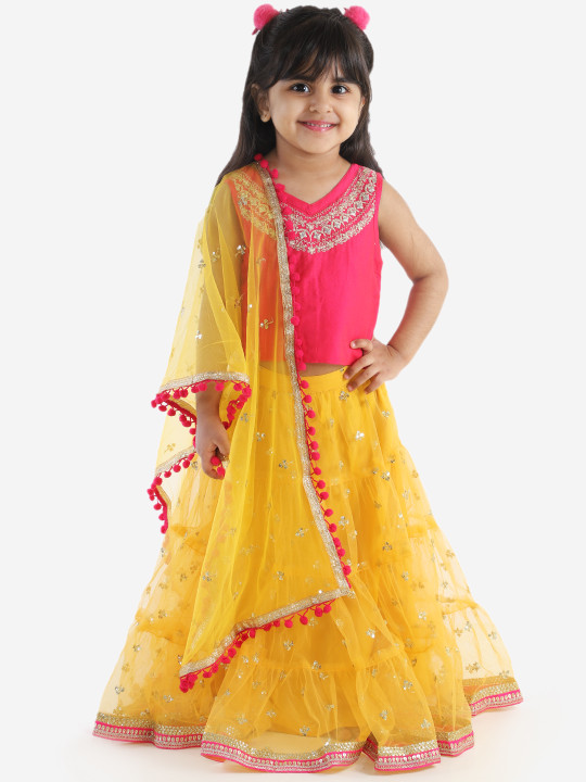 Girls Fuchsia Pink & Yellow Ready to Wear Lehenga & Blouse with Dupatta