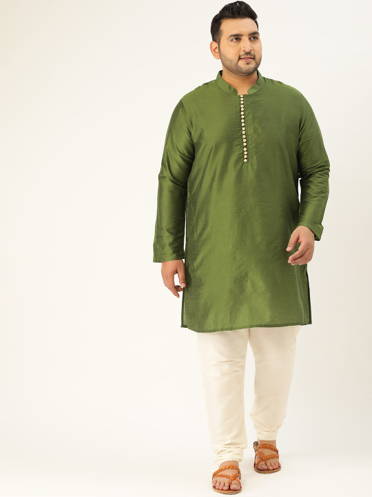 Men Plus Size Green Solid Kurta