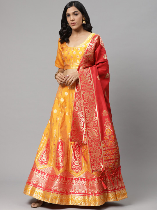 Orange & Red Woven Design Semi-Stitched Lehenga & Unstitched Blouse with Dupatta
