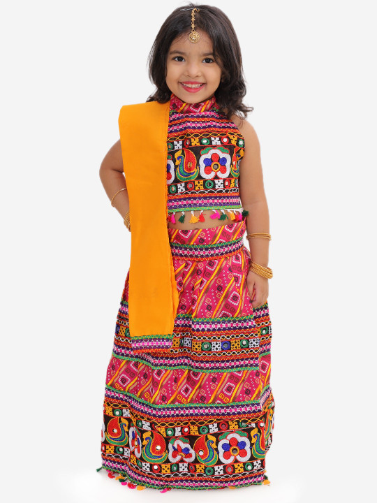 Girls Pink & Yellow Embellished Ready to Wear Lehenga & Blouse with Dupatta