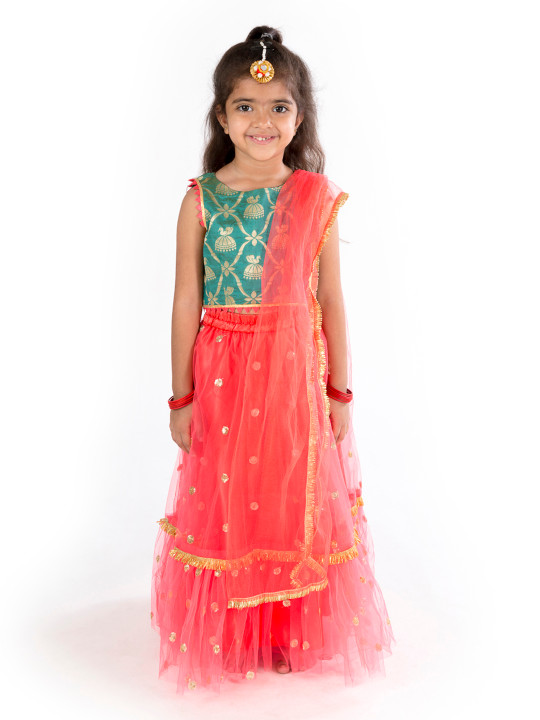 Girls Pink & Green Woven Design Ready to Wear Lehenga & Blouse with Dupatta
