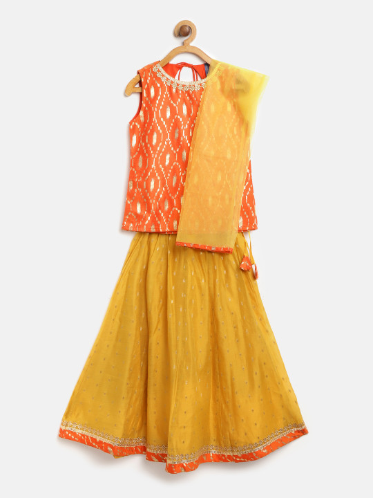 Girls Mustard Yellow & Orange Printed Ready to Wear Lehenga & Blouse with Dupatta