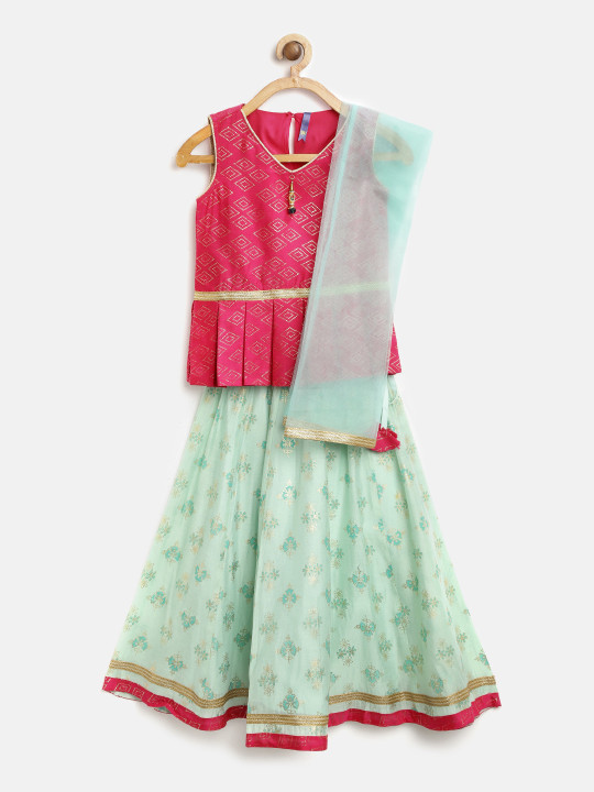 Girls Sea Green & Pink Printed Ready to Wear Lehenga & Blouse with Dupatta