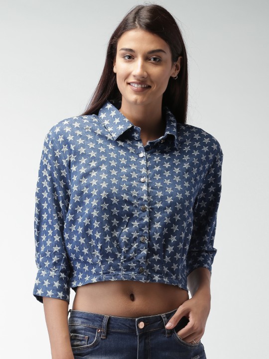 DENIM Blue Star Print Crop Denim Shirt XS