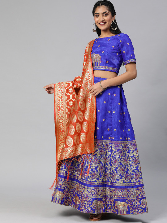 Blue & Gold-Toned Embroidered Semi-Stitched Lehenga & Blouse with Dupatta