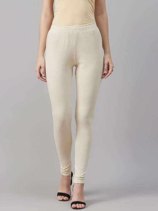 Women Off White Solid Churidar Length Leggings