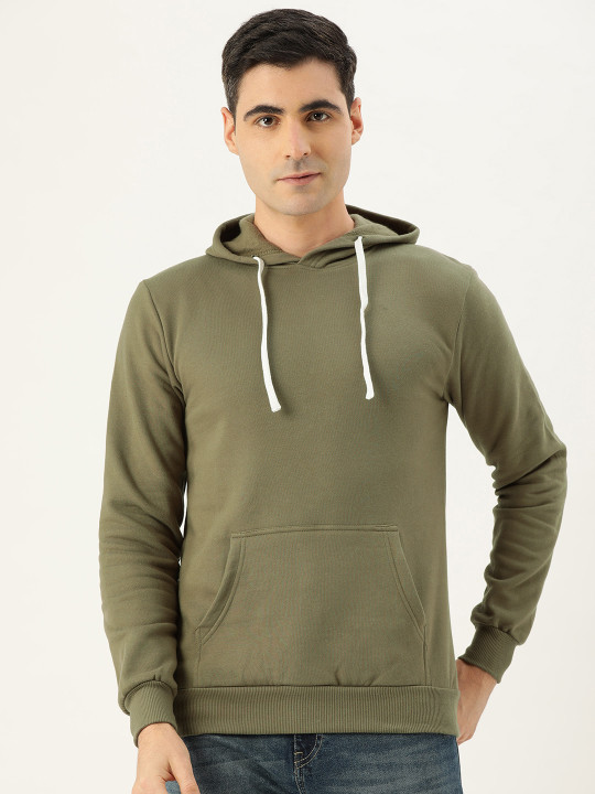Campus Sutra Men Olive Green Solid Hooded Bio Wash Sweatshirt