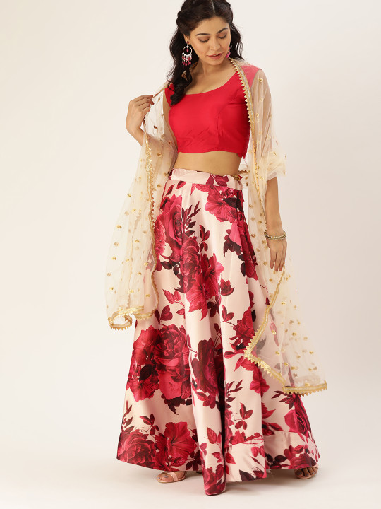 Red & Off-White Floral Printed Ready to Wear Lehenga & Blouse with Dupatta