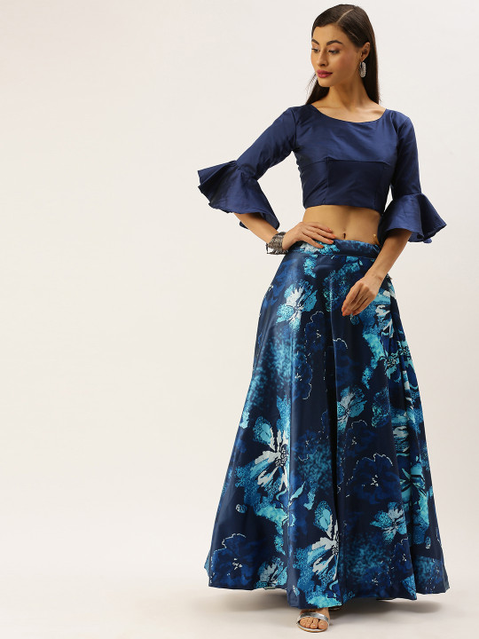 Navy Blue Floral Printed Ready to Wear Lehenga with Blouse