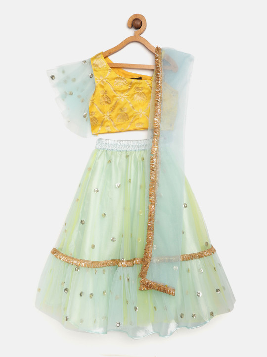 Girls Blue & Mustard Woven Design Ready to Wear Lehenga & Blouse with Dupatta