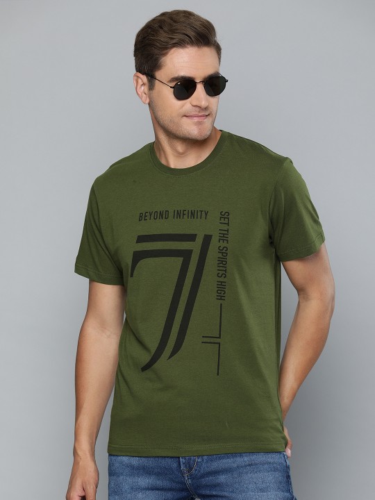 HERE&NOW Men Olive Green Printed Round Neck T-shirt