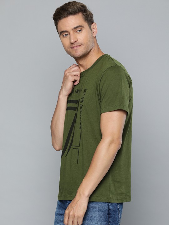 HERE&NOW Men Olive Green Printed Round Neck T-shirt