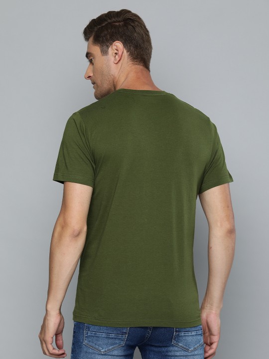 HERE&NOW Men Olive Green Printed Round Neck T-shirt