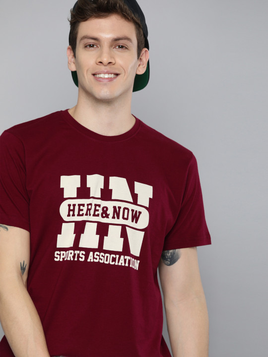 HERE&NOW HERENOW Men Maroon Printed Round Neck Cotton T-shirt