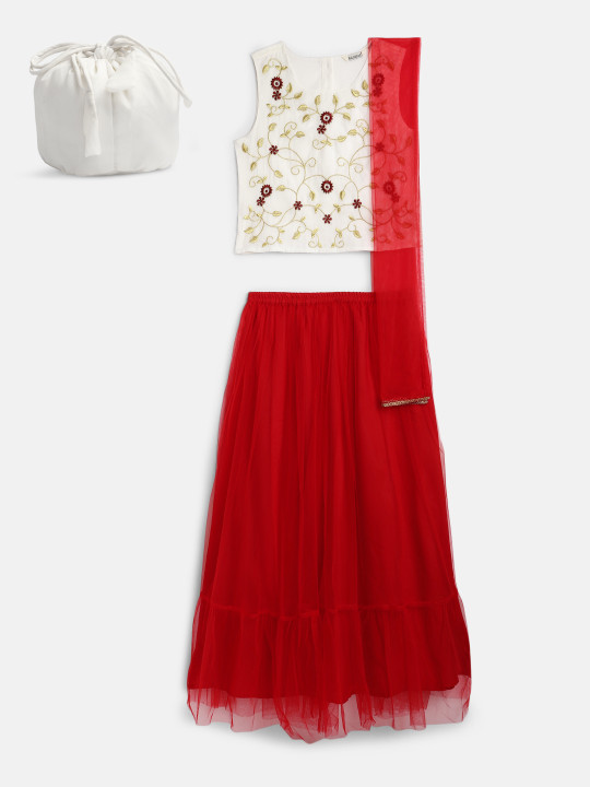 Girls White & Red Embroidered Ready to Wear Lehenga & Blouse with Dupatta
