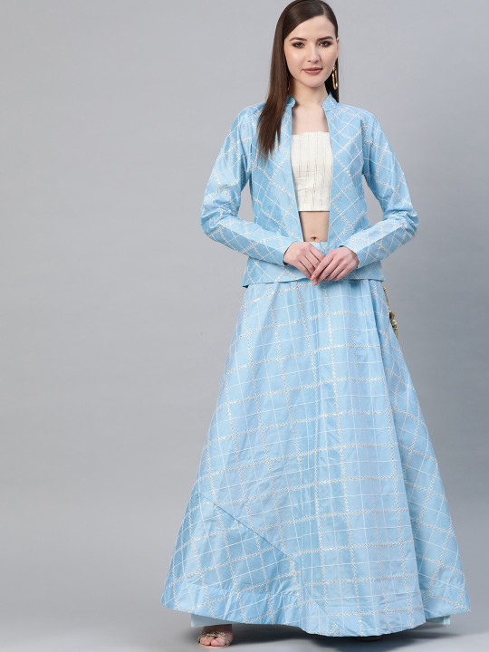 Blue & White Semi-Stitched Embroidered Lehenga with Blouse