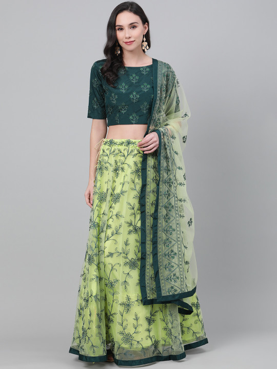 Green Embroidered Semi-Stitched Lehenga & Blouse with Dupatta