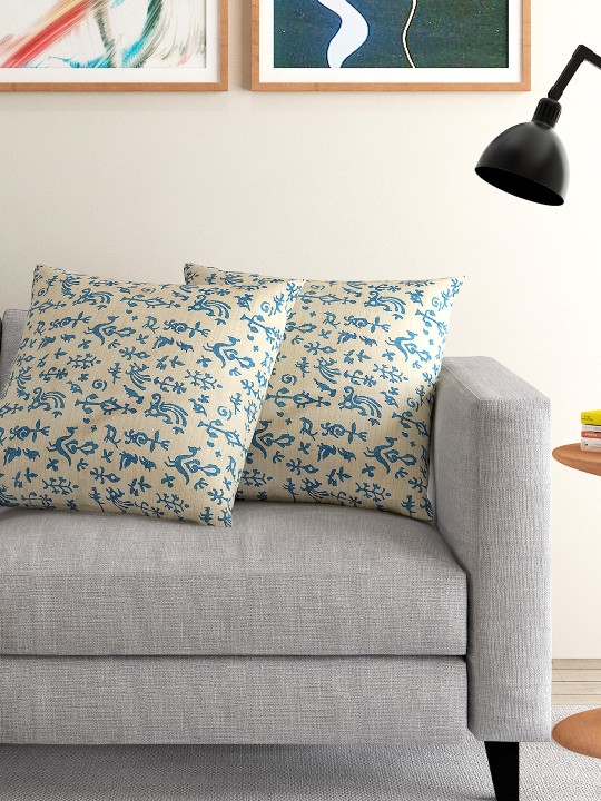 Beige & Teal Blue Set of 2 Handblocked 16'' x 16'' Square Cushion Covers