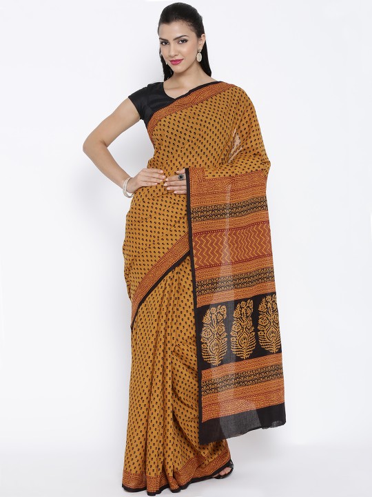 Mustard Yellow Bagh Handblock Print Handcrafted Cotton Saree