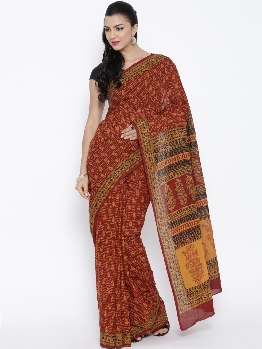 Maroon Bagh Handblock Print Handcrafted Cotton Saree