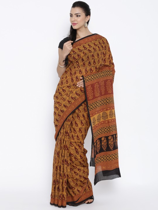Mustard Yellow Bagh Handblock Print Handcrafted Cotton Saree
