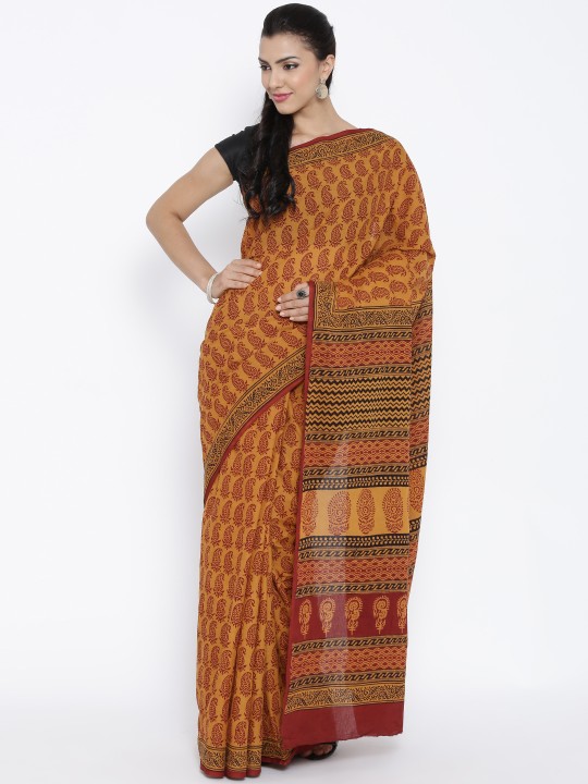Mustard Yellow Bagh Handblock Print Handcrafted Cotton Saree