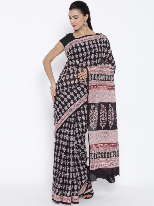 Black Bagh Handblock Print Handcrafted Cotton Saree
