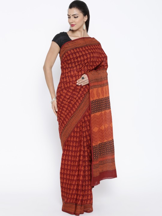 Maroon Bagh Handblock Print Handcrafted Cotton Saree