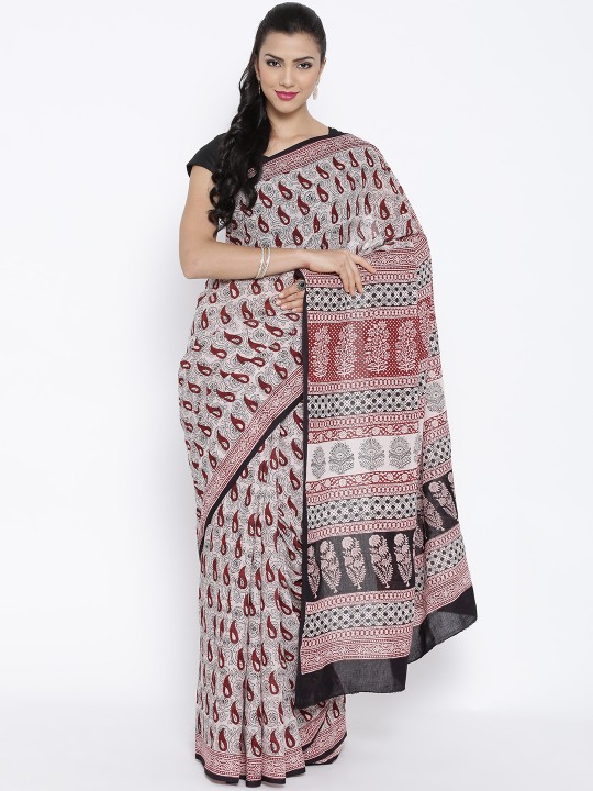 Off-White & Maroon Bagh Handblock Print Handcrafted Cotton Saree