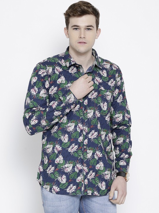 Navy Tropical Print Liquid Casual Shirt 38