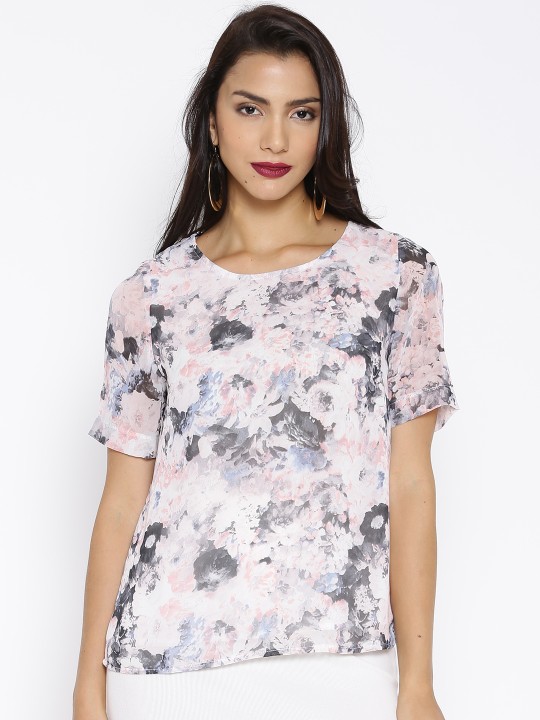 Pink & Grey Printed Semi-Sheer Top XXS