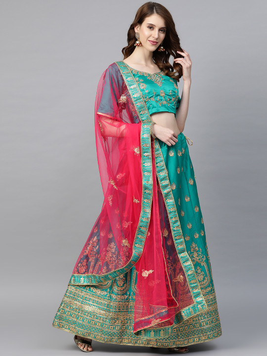 Green & Pink Zari Embroidered Unstitched Lehenga & Blouse with Dupatta