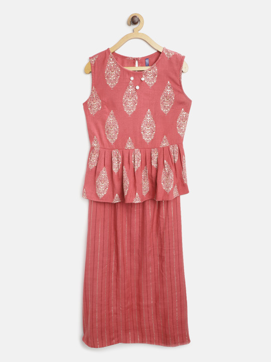 Pink & Golden Ready to Wear Striped Lehenga with Printed Blouse