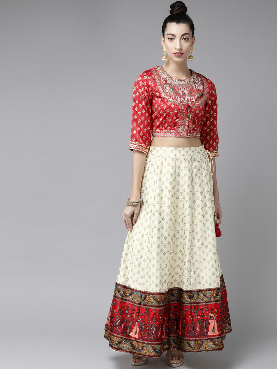 White & Red Printed Ready to Wear Lehenga with Blouse