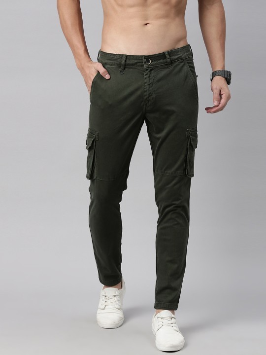 Men Olive Green Regular Fit Solid Cargos deal from myntra
