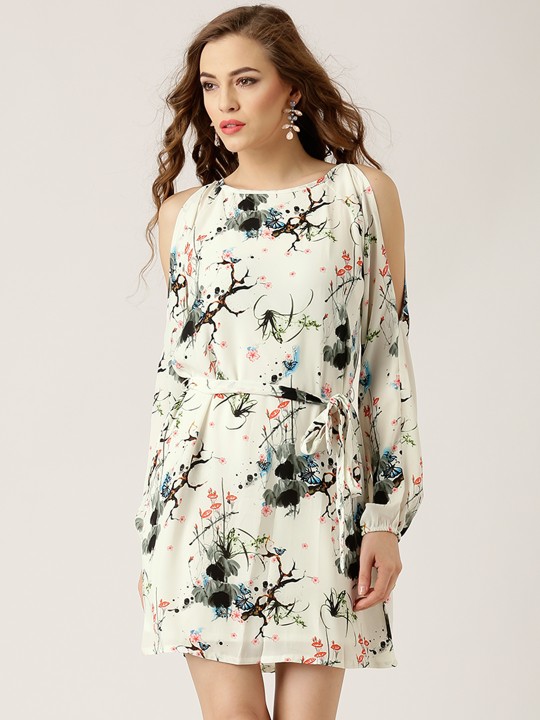 Off-White Polyester Printed A-Line Dress S