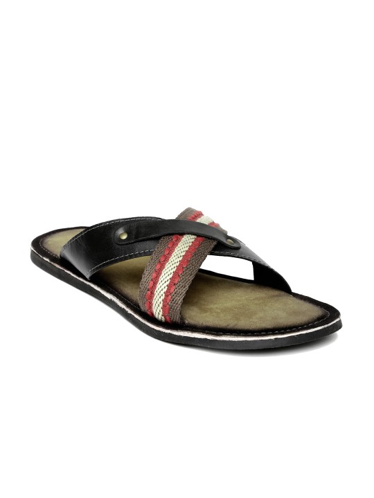 Men Black & Olive Green Leather Sandals 7