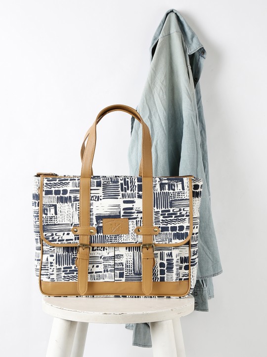 White & Brown Printed Laptop Handbag
