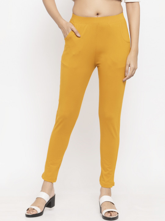 Women Mustard Solid Ankle-Length Leggings
