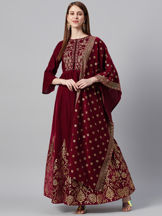 Maroon & Golden Velvet Embroidered Ready to Wear Lehenga & Blouse with Dupatta