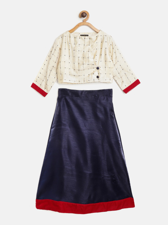 Navy Blue & Off-White Checked Ready to Wear Lehenga with Blouse